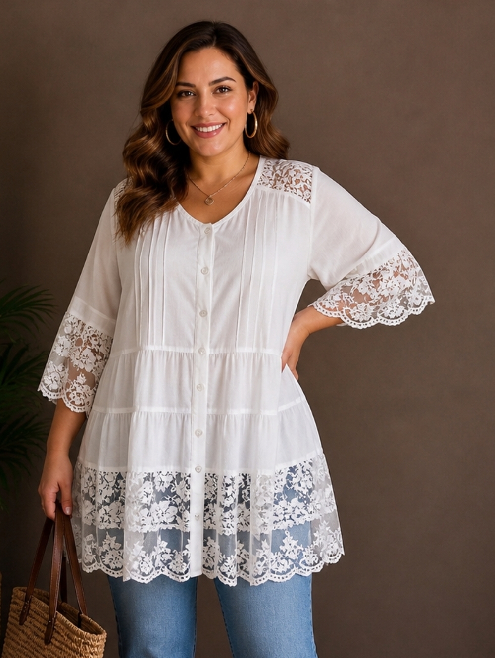 Boho Rayon Blouse Lace Trim Ruffle Sleeve Lightweight Summer Top